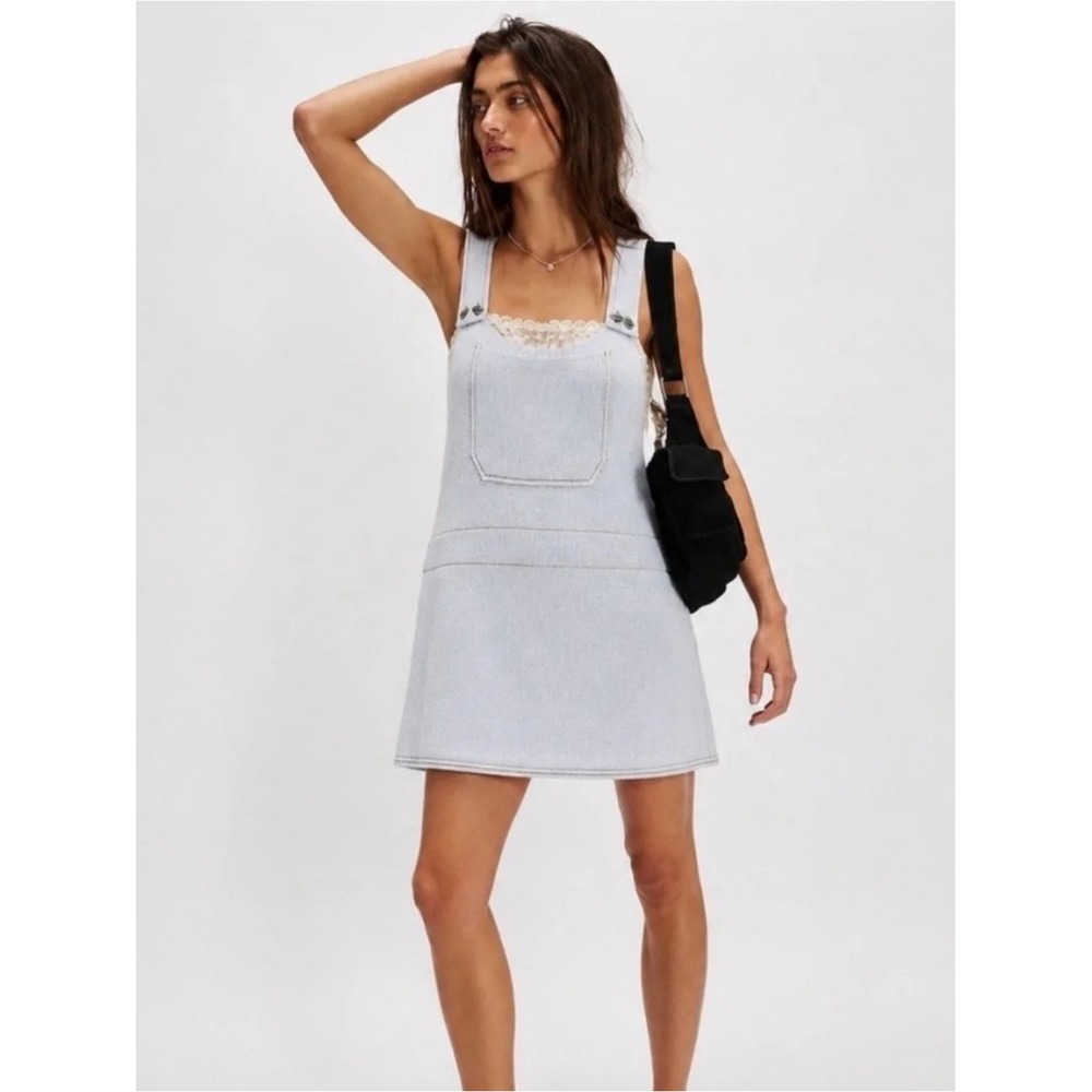 Zara Light Blue Knit Ribbed Overall Pinafore Mini Dress S Y2K Preppy Layering